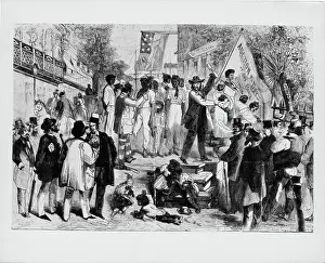 Prints of An auction of enslaved people taking place in the American south, circa 1860. Wood engraving from an original sketch by Theodore R. Davis. Original publication: Harper's weekly, 13th July 1861, vol Urban Echoes of America’s Golden Age: Auction Of Enslaved People