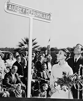 Street Sign Prints: Audrey Hepburn and Mel Ferrer Looking at Street Sign