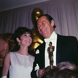 Statuette Prints: Audrey Hepburn with Rex Harrison Holding Academy Award