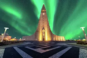 aurora borealis above hallgrimskirkja church in central of reykjavik city capital city in Iceland