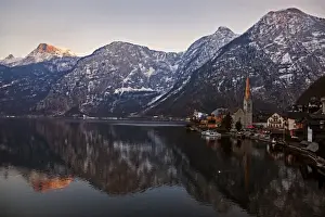 Evangelicalism Prints: Austria, Hallstatt, Town and mountains reflecting in lake