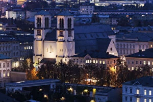 Images Dated 13th November 2014: Austria, Salzburg, Illuminated St. Andrews Church and surrounding cityscape
