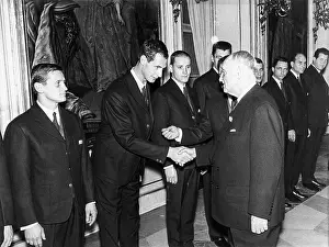 Politicians Prints: Austrian athletes are sworn in by Federal President Adolf Schärf for Olympic Games in Innsbruck