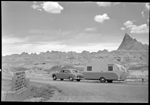 Badlands Prints: Automobile & Trailer On Badlands Highway