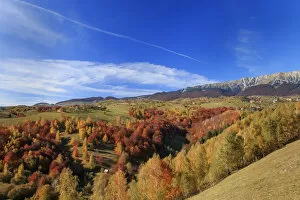 Images Dated 30th October 2015: Autumn landscape of hills and mountain range in background, Piatra Craiului National Park, Magura