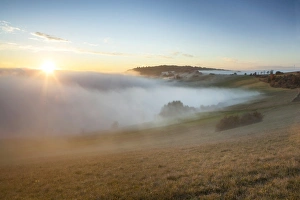 Mist Collection: Autumn mood with mist and sunset on the Alter Postweg in Hegau in Watterdingen, Baden-Wurttemberg