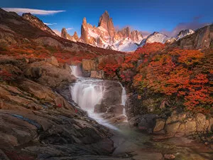 Patagonia Collection: Autumn view of cascade in Patagonia with Mount Fitzroy background
