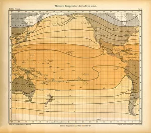 Images Dated 18th January 2018: Average Yearly Air Temperature Chart, Pacific Ocean, German Antique Victorian Engraving, 1896