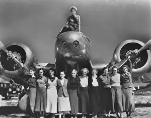 Lafayette Prints: Aviatrix Amelia Earhart and Purdue Coeds Posing at Airplane