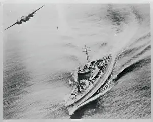 B-25 Bomber Above Japanese War Vessel