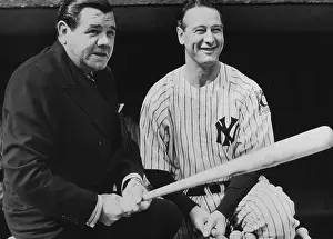 Prints of circa 1939: American baseball players Babe Ruth (1895 - 1948) and Lou Gehrig (1903-1941) pose together with baseball bats in the Yankees dugout, New York City MLB Legends Art Prints: Top 10 Greatest Baseball Players of All Time: Babe And Lou