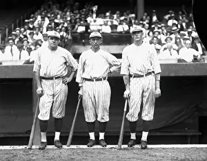 Prints of (Original Caption). Photo shows three of the leading sluggers of the Yanks, who are keeping the team at or near the top in the pennant race. Left to right: Babe Ruth, the homerun king, J Step into the golden age of baseball: Babe Ruth, Bob Meusel and J. Franklin Baker Posed with Bats