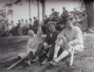 Babe Ruth with Miller Huggins and Jacob Ruppert