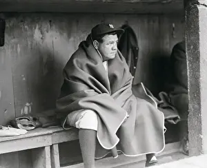 Dugout Prints: Babe Ruth Wearing Blanket in dugout