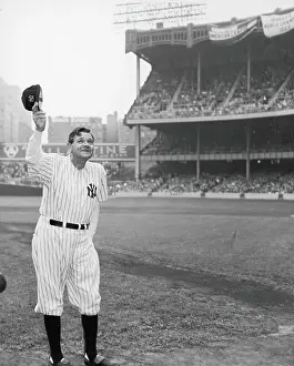 Prints of American baseball player Babe Ruth (1895 - 1948) (born George Herman Ruth Jr), dressed in his old New York Yankees number (#3) MLB Legends Art Prints: Top 10 Greatest Baseball Players of All Time: The Babe Waves To Fans