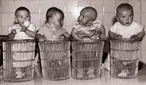 Four babies (6-9 months) in baskets (B&W sepia tone)
