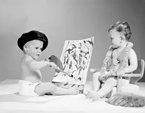 Babies Only Prints: Two babies, one wearing beret and holding artists palette, the other sitting on chair