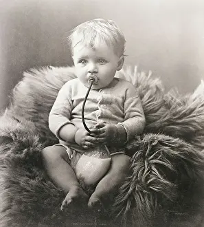 Milk Prints: Baby Boy on Bear Rug Sucking on Milk Bottle