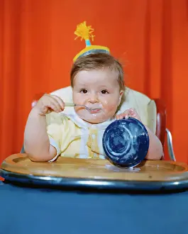 Baby Girl Prints: Baby Eating with Overturned Bowl