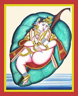 Baby Krishna lies on a banyan leaf