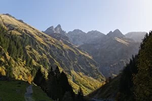 Bacherloch canyon near Einoedsbach with Maedelegabel mountain, community of Oberstdorf, Allgaeu Alps, Upper Allgaeu