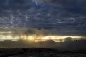 Backlit steam, Hveraroend geothermal area, Namafjall mountains, Myvatn area, Norourland eystra, the north-east region