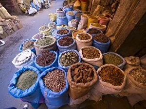 Bazar Gallery: Bags of spices in the historic Medina, Souk, market, Marrakech, Marrakech-Tensift-Al Haouz, Morocco