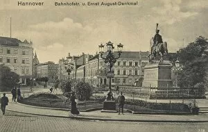Historic Center Collection: Bahnhofstrasse and Ernst August Monument, Hannover, Lower Saxony, Germany, postcard with text