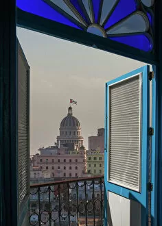 Flag Collection: Balcony doors over cityscape, Havana, Cuba