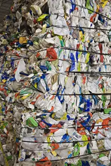 Recycled Prints: Bales of recyclable plastic containers at a sorting centre, Quebec, Canada