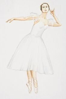 Images Dated 7th July 2006: Ballerina in white calf-length dress dancing on pointes, front view