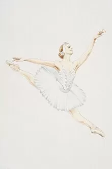 Images Dated 7th July 2006: Ballerina in white tutu leaping forward, straight legs up in the air and outstretched arms