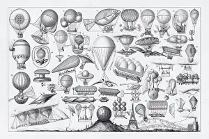 Invention Prints: Balloons, Airships and Flying Machines Engraving from 18th Century France