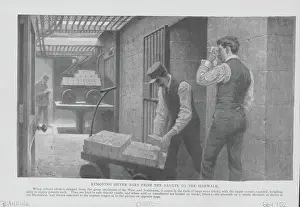 Prints of Illustration depicting the inner working of a bank; removing silver bars from the vault to the sidewalk, to be taken away by an express wagon, circa 1850-1920. (Photo by (F) Urban Echoes of America’s Golden Age: Banking