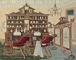Prints of Barber Shop, 1935/1942. Artist Perkins Harnly. (Photo by Heritage Art/Heritage Images via Getty Images) Enchanted Interiors of Perkins Harnly: Barber Shop