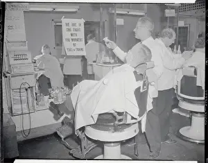 Barbershop Prints: Barber Showing Support for Strikers to Customer