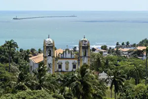Brasil Prints: Baroque church and blue ocean, Olinda, Pernambuco, Brazil