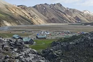 Base camp in a volcanic landscape, Landmannalaugar, Iceland, Europe