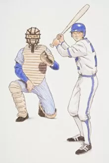 Images Dated 7th July 2006: Baseball batter and backstop poised in their playing positions, front view
