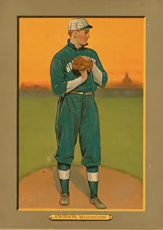 Prints of Illustrated trade card (by the American Tobacco Company) depicts American Hall of Fame baseball pitcher Walter Johnson (1887 - 1946) of the Washington Nationals, 1911 MLB Legends Art Prints: Top 10 Greatest Baseball Players of All Time: Baseball Card Titled Johnson - Washington