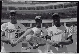 Hank Aaron Prints: Baseball Champions Posing with Bats at Stadium