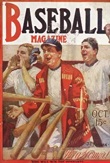 Baseball Magazine Covers Prints: Baseball Magazine Cover With Players Cheering From Dugout