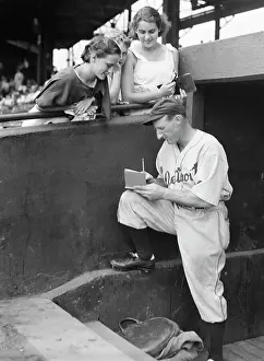 Autographing Prints: Baseball Player Goose Goslin Signing Baseball
