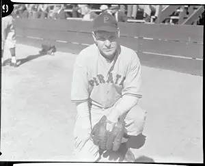 Baseball Player Mace Brown Kneeling in His Pirate Uniform