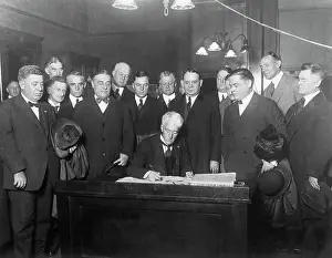 Commissioner Prints: Baseball Team Representatives Watch Judge Landis Signing Contract
