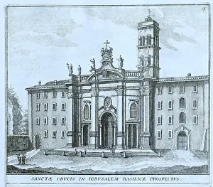 Basilica Santa Croce in Gerusalemme, Basilica Sanctae Crucis in Hierusalem, Basilica of the Holy Cross in Jerusalem, is one of the seven pilgrimage churches, historic Rome, Italy, digital reproduction of an original 17th-century artwork