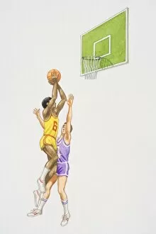 Two basketball players jumping up in the air near basket, one of them throwing the ball