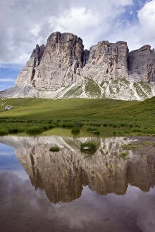 Mirrored Gallery: Baste lake, Lago delle Baste, and Mount Ponta Lastoi de Formin, 2657 m, Dolomites, Alto Adige