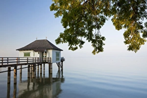 Mist Collection: Bath house in the last evening light with gentle autumn fog near Kesswil on Lake Constance