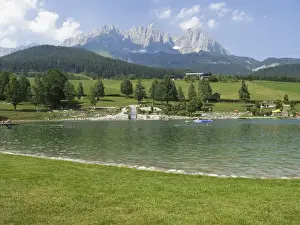 Kaiser Prints: Bathing lake in Going, the Wilder Kaiser massif at back, Tyrol, Austria, Europe